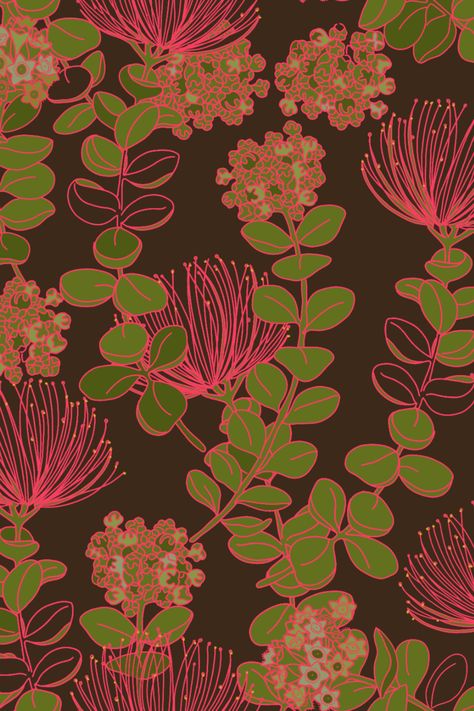 Ohia Lehua Tattoo, Puakenikeni Wallpaper, Lei Wallpaper, Cutsie Wallpapers, Hawaiian Background, Ohia Lehua, Abstract Plants, Hawaiian Print Fabric, Plant Cartoon