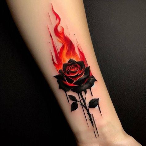 Rose Neck Tattoo, Forearm Band Tattoos, Neck Tattoos Women, Flame Tattoos, Red Rose Tattoo, Tattoo Rose, Fire Tattoo, Geniale Tattoos, Tatuaje A Color