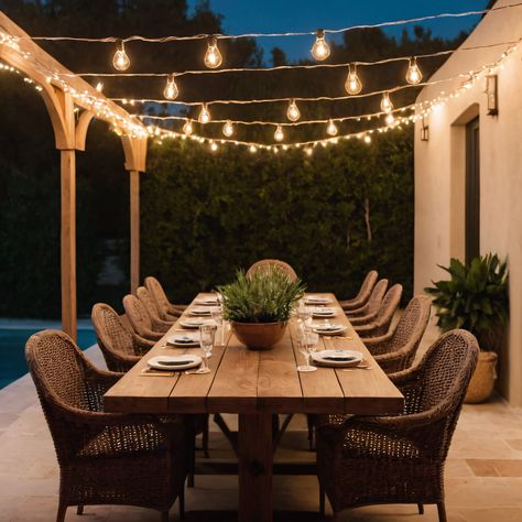 ⚠️LINK IN BIO⚠️ An inviting Mediterranean-inspired outdoor dining area with a long wooden table, wicker chairs, and string lights for a charming evening setting. #OutdoorDining #Mediterranean #WoodenTable #WickerChairs #StringLights Outside Dining Area Covered Patios, Outside Dining Area Ideas, Outdoor Dining Decorating Ideas, Outside Table Ideas, Long Outdoor Dining Table, Outdoor Dining Area Ideas, Backyard Dining Table, Backyard Dining Area, Outdoor Dinner Table