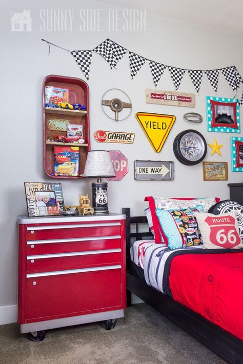 Car Theme Bathroom Ideas, Boys Race Car Bedroom Ideas, Boys Bedroom Ideas Cars, Race Car Bedroom Ideas, Boys Race Car Bedroom, Car Room Ideas, Closet Storage Ideas For Small Spaces, Boys Car Room, Race Car Themed Bedroom