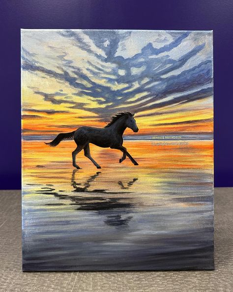 ☀️Beach Ride☀️ Get carried away on this heavenly horse galloping down the beach under serene sunset skies. You can’t help but feel relaxed when looking at this piece of artwork. The painting’s vibrant yet soothing color palette will complement your decor beautifully. Beach Ride was inspired by the videos posted by @hossain.cavallier …Having viewed their videos countless times, I felt compelled to capture one of those serene scenes on canvas, and I’m thankful for their permission to do so! 🙏 ... Horse On Beach Painting, Soothing Color Palette, In The Feels, Sunset Skies, Beach Rides, Horse Galloping, Sunset Painting, Beach Painting, Soothing Colors