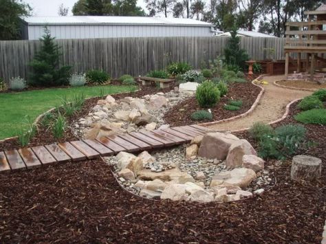 Bed Bridge, Drainage Ideas, Garden Bridges, Wooden Path, Dry Creek Bed, Dry River, Backyard Landscaping Plans, Creek Bed, Waterfalls Backyard