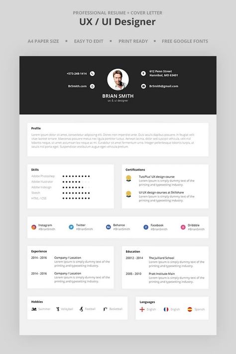 Ui Ux Designer Resume, Ux Designer Resume, Designer Resume Template, Cv Layout, Layout Minimalist, Graphic Resume, Typeface Poster, Brian Smith, Ux Design Course