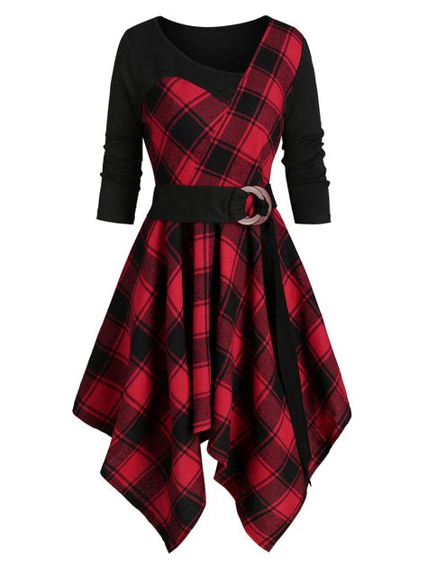 Day Dresses Casual Summer, Dress Grunge, Asymmetrical Dresses, Red Plaid Dress, Cheap Dresses Casual, Summer Plaid, Dress Tight, Handkerchief Dress, Dress Winter