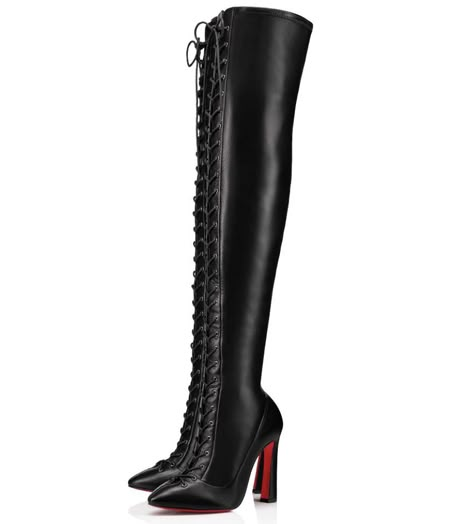 black pointed toe lace up thigh high leather block heels boots 'Anjel Alta 100 mm' - christian louboutin ($2,395.00) Black Louboutin Boots, Christian Louboutin Thigh High Boots, Louboutin Heels Black, Block Heels Boots, Louboutin Boots, Marvel Dr, Christian Louboutin Boots, Fandom Outfits, Louboutin Heels