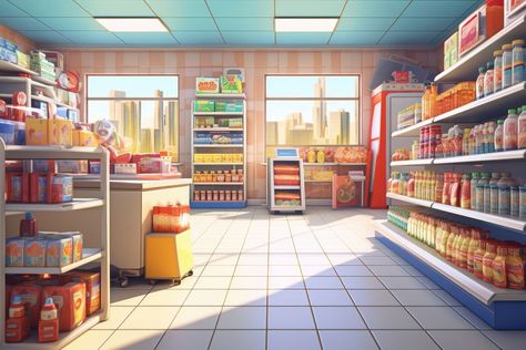 Supermarket Concept Art, Grocery Store Painting, Anime Supermarket, Grocery Store Illustration, Supermarket Cartoon, Supermarket Illustration, Market Cartoon, Grocery Store Background, Supermarket Background