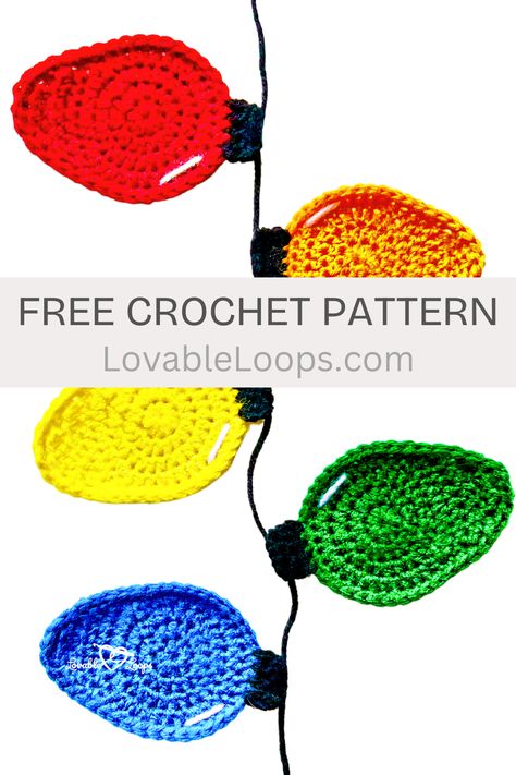 free Crochet Christmas Tree Lights Appliqué Pattern + Video Tutorial Crochet Xmas Lights, Crocheted Christmas Lights Free Pattern, Crochet Holiday Applique Patterns Free, Sewing Projects Usefull, Crochet Christmas Lights Applique, Crochet Flat Christmas Ornaments, Free Christmas Crochet Patterns Tree Decorations, Crochet Ornament Garland, Crochet Light Bulb Garland