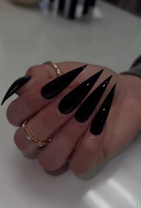 Black Nail Designs Pointy, Stelito Nails Black, Long Pointed Acrylic Nails, Pointy Black Nails Design, Long Black Claw Nails, Sharp Stilleto Acrylic Nails, Long Spiky Nails, Black Claws Nails, Sharp Pointed Nails