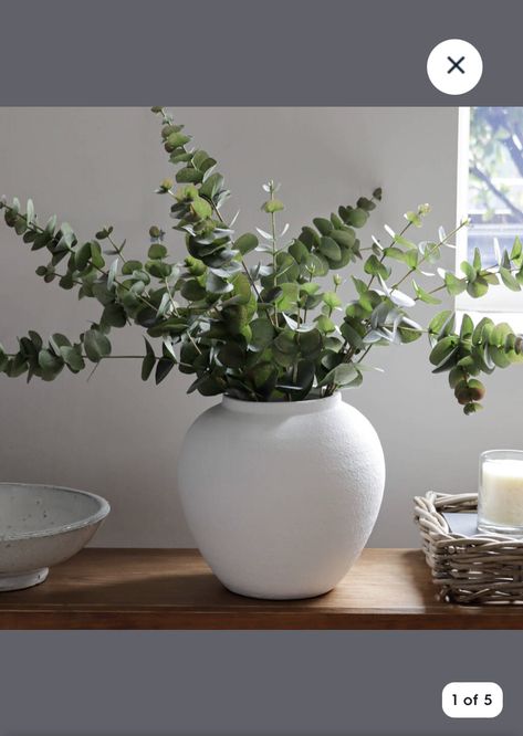 White Vases Decor Ideas, White Vase Decor, Vase Ideas, Faux Eucalyptus, Green Eucalyptus, Faux Floral Arrangement, Flower Vase Arrangements, Island Decor, White Vase