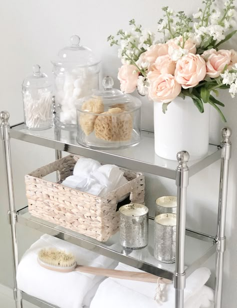 Pottery Barn etagere, bathroom styling, de-clutter your bathroom, bathroom storage Countertop Ideas, South Shore Decorating, Decorating Bathroom, Restroom Decor, Decor Baie, Bathroom Decor Apartment, Bathroom Countertop, Bathroom Countertops, Apartment Bathroom