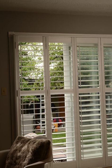 Blinds Sliding Doors, Blinds Alternative, Sliding Doors Patio, Shutters For Sliding Glass Doors, Patio Door Shutters, Blinds For Sliding Glass Doors, Black Out Blinds, Fabric Window Coverings, Wood Patio Doors