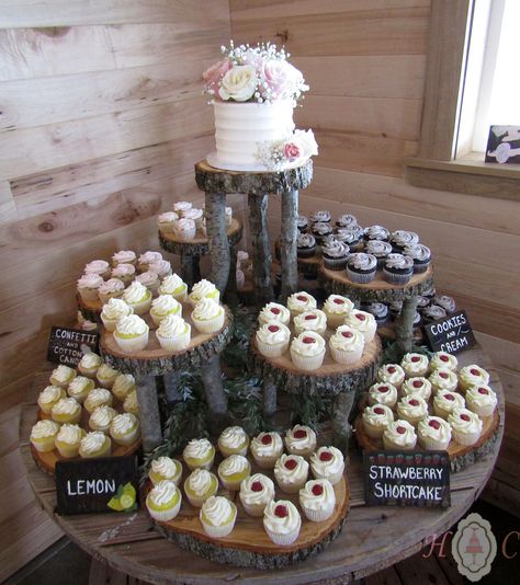 One Tier Wedding Cake Rustic Cupcake Towers, Country Wedding Cupcake Display, Rustic Boho Wedding Cake And Cupcakes, Fall Wedding Cupcake Display, Top Tier Wedding Cake With Cupcakes, Cupcakes Display Wedding, Woodland Wedding Cake With Cupcakes, Christmas Wedding Cake Alternatives, 3rd Times A Charm Wedding