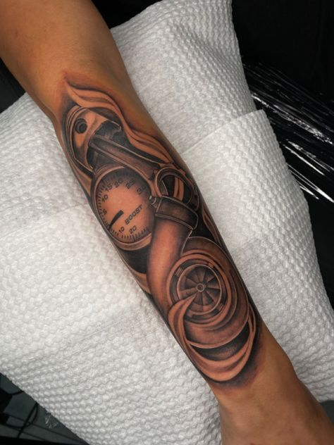 Turbo Hand Tattoo, Rpm Gauge Tattoo, Car Turbo Tattoo, Turbo Tattoo Ideas, Car Sleeve Tattoo For Men, Diesel Tattoo Ideas, Boost Gauge Tattoo, Tachometer Tattoo, Car Sleeve Tattoo