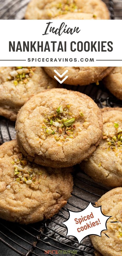 Easy recipe for crisp, crumbly, and delicious Indian shortbread cookies called Nankhatai, made with a combination of flours, almonds, sugar, ghee, and cardamom. Indian Cookies Recipe, Ghee Cookies Recipe, Indian Deserts, Nankhatai Recipe, Cardamom Shortbread Cookies, Cardamom Shortbread, Cookies With Ghee, Nankhatai Cookies, Indian Shortbread Cookies