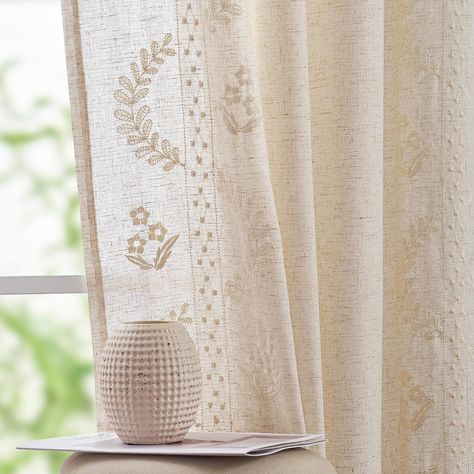 PRICES MAY VARY. Floral Linen Curtains: Embellished with delicate embroidered botanicals, these linen blend flower curtains bring a touch of femininity and romance to your space. Package includes 2 panels in 50 inch wide by 63 inch long each, 100 by 63 combined Farmhouse Country Curtains: These embroidered curtain panels feature a refreshing plant design waves and curves on linen blend fabric, soft & durable. Perfect for farmhouse and country-inspired interiors, the gorgeous flower patterns add Patterned Drapes Living Room, Patterned Drapes, Drapes Living Room, Embroidered Curtains, Curtains Floral, Living Room Window, Curtains For Bedroom, Room Window, Boho Curtains