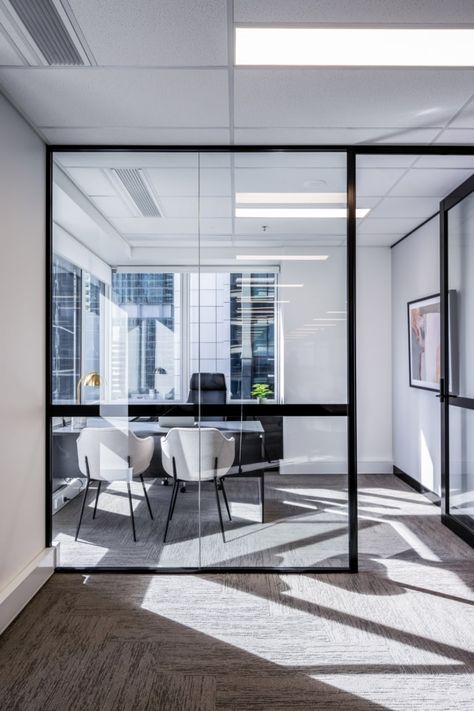 Confidential Client Offices - Brisbane | Office Snapshots Commercial Interiors Office, Timber Wall Panels, Cabin Office, Glass Cabin, Office Interior Design Modern, Timber Walls, Office Fit Out, Glass Office, Glass Partition