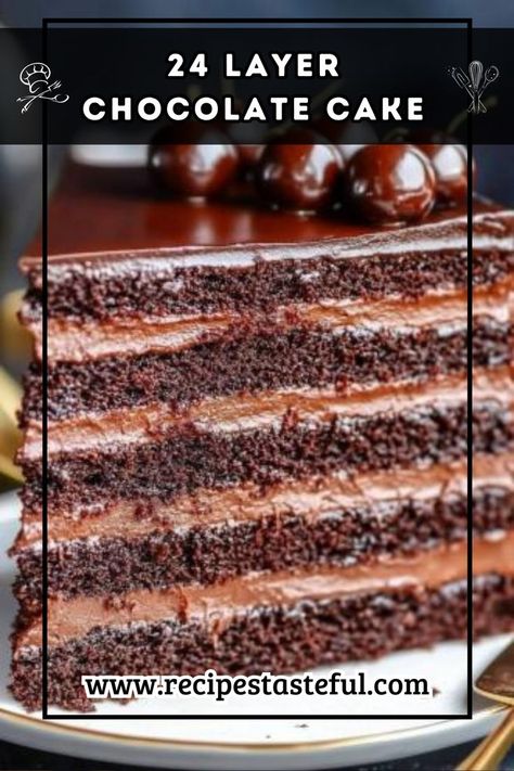 This ultra-decadent 24 Layer Chocolate Cake features 12 layers of moist, fudgy chocolate cake and 12 layers of luscious chocolate filling, all topped with a rich, silky semisweet chocolate ganache. If you're a chocoholic, this is the ultimate treat! Layered Chocolate Cake With Ganache, 6 Layer Chocolate Cake, Multi Layer Chocolate Cake, 20 Layer Cake, 7 Layer Chocolate Cake, 12 Layer Chocolate Cake Recipe, Chocolate Layer Cakes, Choclate Cake Recipe, Layered Chocolate Cake