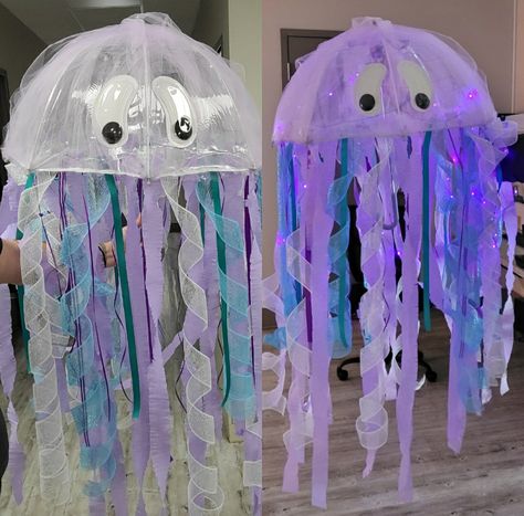 Octopus Costumes Diy, Umbrella Jellyfish Costume Diy, Diy Halloween Costumes Jellyfish, Jelly Fish Umbrella Diy, Halloween Costume Jelly Fish, Light Up Jellyfish Costume, How To Make A Jellyfish Umbrella, Jelly Fish Halloween Costume Diy, Ernie And Bernie Jellyfish Costume