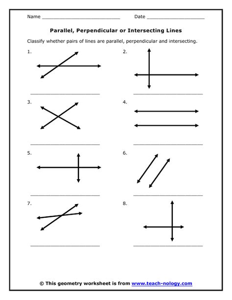 parallel, perpendicular, intersecting Lines Worksheet, Parallel And Perpendicular Lines, Perpendicular Lines, Line Math, Line Geometry, Angles Worksheet, Types Of Lines, Geometry Worksheets, Parallel Lines