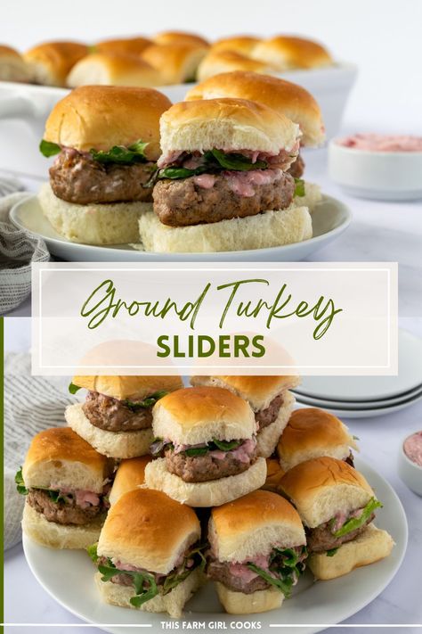 Juicy and delicious, Ground Turkey Sliders are an easy dinner option. Lean ground turkey is formed into mini patties and cooked up in minutes in a skillet. Top with a little bit of cranberry mayo and your choice of toppings for a handheld eat! #turkey #groundturkey #slidersrecipe Ground Turkey Sliders Recipes, Mini Turkey Burgers Sliders, Ground Turkey Sliders, Farm Meals, Cranberry Mayo, Mini Burger Buns, Sliders Recipes Turkey, Sausage Sliders, Turkey Burger Sliders