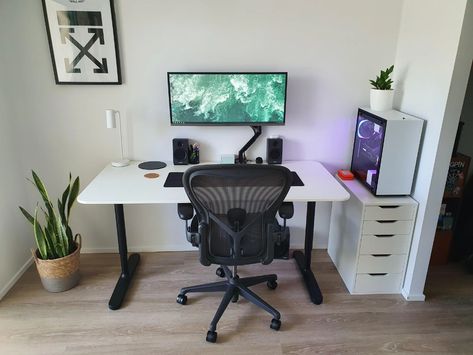 Clean Black and White WFH desk setup | Remote Setups Single Monitor Arm Desk Setup, Pc Tower Desk Setup, Single Monitor Desk Setup, Bekant Desk Home Office, Single Monitor Setup, Monitor Arm Setup, Monitor Arm Desk Setup, Single Monitor Gaming Setup, Ikea Gaming Desk Setup