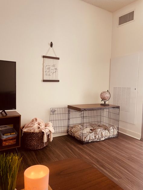 Crate with wood at top and living room decor Small Living Room Dog Area, Dog Areas In House Aesthetic, Aesthetic Dog Room Ideas, First Apartment With Dog, Living Room With Pets, Dog Setup In Apartment, Dog Toy Basket Living Rooms, Apartment Dog Setup, Dog Area Aesthetic