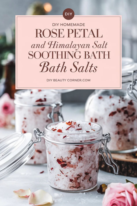 DIY Rose Petal & Himalayan Salt Soothing Bath Salts How To Make Homemade Bath Salts, How To Use Dried Rose Petals, Himalayan Salt Bath Soak Recipe, Homemade Bath Soak, Rose Bath Salts Diy, Scrub Making, Bath Salt Recipe, Bath Salts Diy Recipes, Bath Tea Recipe