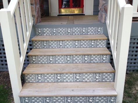 Front Steps Tile Ideas, Stenciled Front Steps, Tiled Front Door Step, Diy Backyard Fence, Front Stairs, Front Door Steps, Tile Steps, Front Stoop, Door Steps