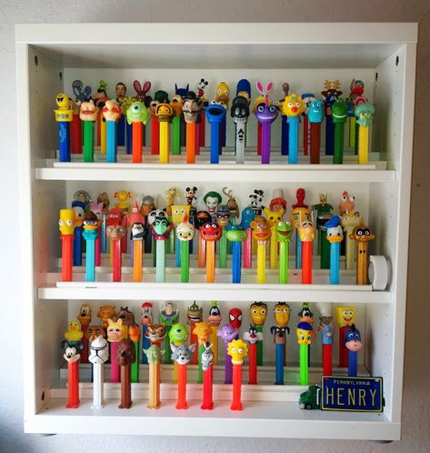 Besta PEZ display ever! | IKEA Hackers Clever ideas and hacks for your IKEA Pez Display, Ikea Toys, Ikea Besta, Pez Dispensers, Toy Display, Ikea Hackers, Ikea Diy, Tidy Up, Ikea Hack