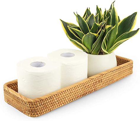 Amazon.com: CELEZAR Rattan Toilet Tank Basket Woven Guest Towel Holder Decorative Wicker Tray 17" x 6" x 2" for Serving Bread or Shelves Bathroom Counter Organizers and Storage (17 x 6 x 2 inches, Honey Brown) : Home & Kitchen Toilet Tank Basket, Rattan Bathroom Accessories, Bathroom Trays, Bathroom Counter Organization, Paper Hand Towels, Guest Towel Holder, Bathroom Vanity Tray, Shelves Bathroom, Counter Organization