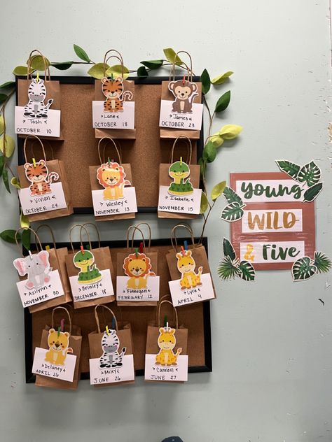 Birthday Daycare Board, Jungle Birthday Board Classroom, Safari Board Ideas Classroom Themes, Safari Birthday Wall Classroom, Zoo Animals Classroom Decoration, Animal Birthday Board Classroom, Wild Animals Board Decoration, Classroom Decor Jungle, Daycare Birthday Boards