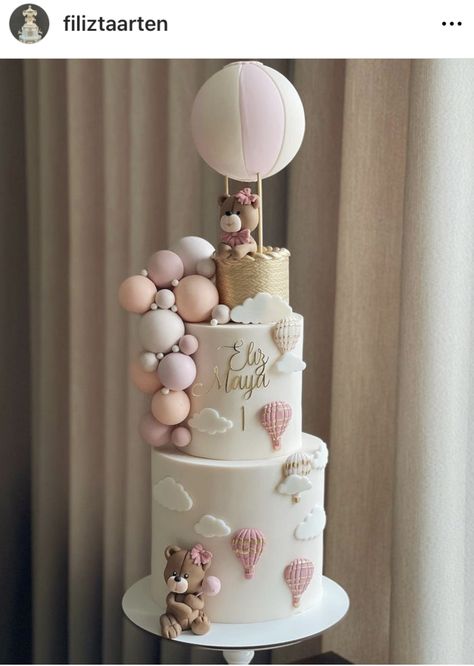 Cake Balloon Decoration, 1 St Birthday Cake, Baby Cake Ideas, Cake With Bear, Hot Air Balloon Baby Shower Cake, Baby Shower Girl Cake, Torturi Baby Shower, 1 Birthday Cake, Cake With Balloons