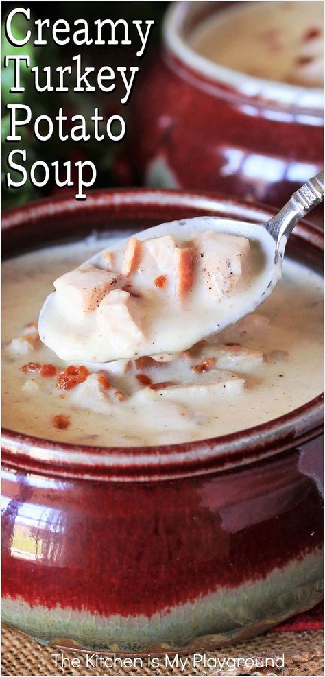 Bowl of Creamy Turkey Potato Soup Leftover Mashed Potato And Stuffing Recipes, Turkey Potatoes Soup, Turkey Potato Soup, Mashed Potatoes Creamy, Mashed Potato Soup, Turkey Potato, Leftover Turkey Soup, Turkey Ideas, Soup Creamy