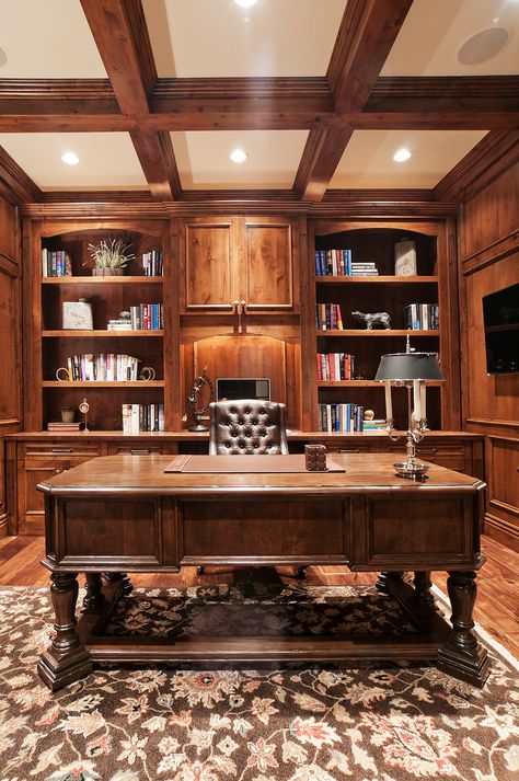 Home Office, www.cameohomesinc.com Home Office Old Fashioned, Fancy Study Room, Old Fashion Office, Old Office Design, Traditional Home Office Decor, All Wood Office, Gentleman Office Interior Design, Old Home Office, Grand Home Office