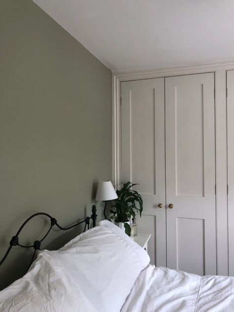 Green Bedroom Dulux Paint, Sage Green Bedroom Wardrobe, Wardrobe Painted Same Colour As Wall, Dulux Green Bedroom, Sage Green Modern Bedroom, Overtly Olive Dulux Paint Bedroom, Dulux Paint Bedroom Wall Colors, Dulux Olive Green Paint, Dulux Overtly Olive Living Rooms