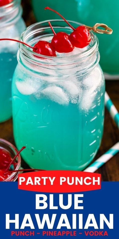 Blue Hawaiian Party Punch is everyone's favorite cocktail! This easy drink has 3 ingredients - Vodka, Pineapple, and Hawaiian Punch - and it's the perfect drink to serve for the 4th of July! Blue Punch Recipe Alcohol, Blue Alcoholic Punch, Hawaiian Party Punch, Blue Hawaiian Drink Recipe, Vodka Punch Recipes Parties, Tropical Punch Recipe, Blue Hawaiian Drink, Blue Punch Recipe, Boat Snacks