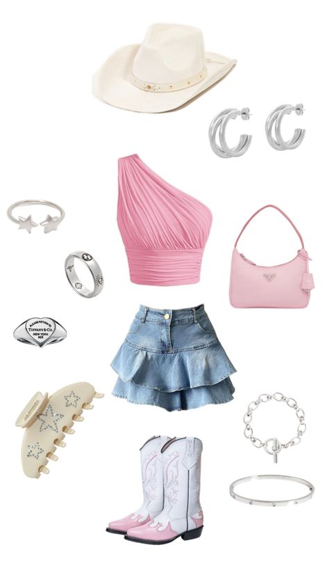 Pretty pink top and a denim skirt with cowboy boots and silver jewellery Cowgirl Outfit, Cowgirl Rodeo, Nashville Outfits, Rodeo Outfits, Pink Cowgirl, Cowgirl Outfits, Pink Outfits, Costume Outfits, Pink Outfit