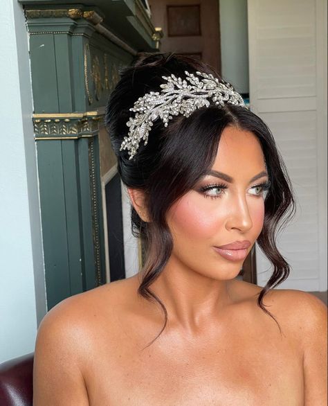 Diamond Headpiece Wedding, Updo Headband Wedding, Bride Updo With Headband, Wedding Hairstyles Updo With Headpiece, Bride Headpiece With Veil Hair Down, Bridal Updo With Headpiece And Veil, Bridal Hair Pieces Updo, Bridal Bun With Headband, Bridal Hair Updo With Headpiece