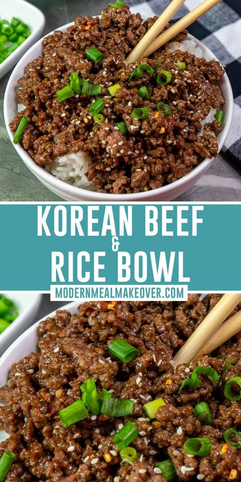 Looking for a way to use ground beef that is out of the norm? This Korean Inspired Ground Beef Bowl is the perfect quick-fix! It’s an easy 30-Minute family dinner full of flavor. The garlic, ginger, sesame, and soy sauce bring a pop of Asian spices to your beef that’s unmatched. Serve over a steaming bowl of rice for a traditional Korean comfort dish. Ground Beef Bowl, Beef Bowl Recipe, Korean Beef Recipes, Korean Ground Beef, Beef Bowl, Ground Beef Rice, Bowl Of Rice, Ginger Beef, Healthy Ground Beef