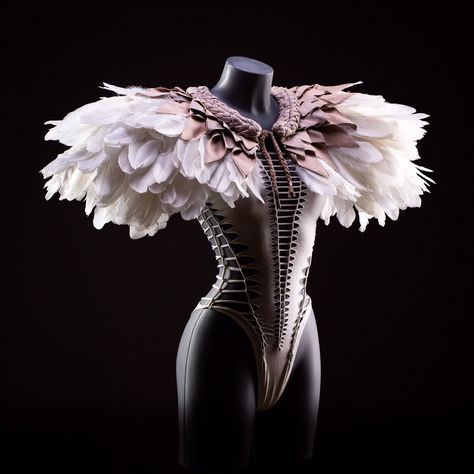 An amazing Feathered Shoulder Pad AYO white bird for Women - by Ça Déchire - One size fits all. The extraordinarily, beautiful and original shoulder pieces : AYO This unique piece is a jewel, it represents nearly 40 hours of work. The position of each element is millimetered and adjusted with extreme care to obtain a specific shape and positioning of each feather. The fabric is a mixture of suede and imitation leather of a very beautiful and silky quality.  This fabric is braided by hand and the Bird Costume, Feather Skirt, White Bird, Fashion Costume, Fantasy Clothing, Women's Costumes, Fantasy Fashion, Burning Man, Character Outfits