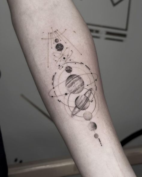 12 Amazing Space Tattoo Ideas, Symbolize The Universe's Grandeur Masculine Space Tattoo, Universe Theme Tattoo, Space Arm Band Tattoo, Space Tattoo Women, Space Tattoo Minimalist, Planet Fine Line Tattoo, Space Thigh Tattoo, Fine Line Planet Tattoo, Blank Space Tattoo