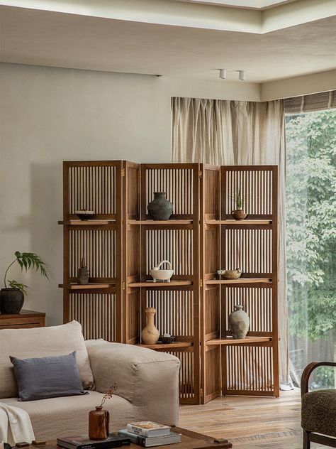 Sylvan Wooden Screen - Partition with Foldable Design and Shelves – ZM Home Partition With Shelves, Flexible Partition, Wooden Screen, New Chinese, Grid Design, Stylish Home, Teak Wood, Teak, Natural Beauty