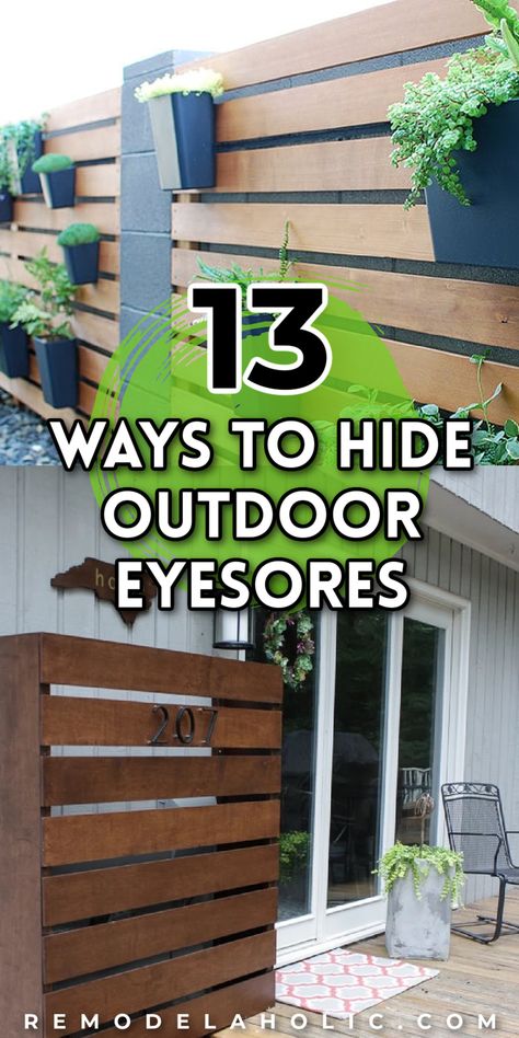 diy ways to hide outdoor eyesores Hiding Outside Air Conditioner, Hide My Ac Unit, How To Hide Ac Condenser, Air Conditioner Cover Outdoor Hide Ac Units, Cover Ac Unit Outdoor Air Conditioner Screen, Utility Box Cover Ideas Outdoor Diy, Ways To Cover Ac Unit Outside, How To Cover Propane Tank In Yard, Ac Unit Cover Outdoor Diy Fence