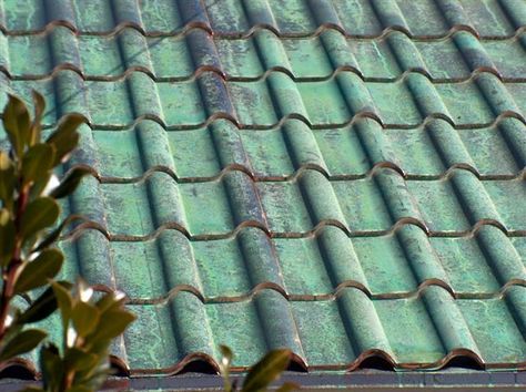 Copper patina Gothic House Exterior, Rain Chain Installation, Copper Metal Roof, Copper Roofing, Copper House, Cottage Exteriors, Tile Roof, Mediterranean Tile, Copper Roof