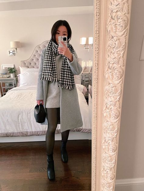 gray sweater dress + black tights winter outfit // petite zara coat Houndstooth Scarf Outfit, Sheer Tights Outfit Winter, Sweater Dress Ideas, How To Style Tights, Sweater Dress With Tights, Fleece Lined Tights, Grey Sweater Outfit, Lined Tights, Houndstooth Scarf