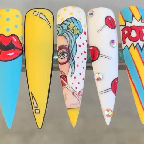 Pop Nails Art, Pop Art En Uñas, Nail Pop Art, Uñas Pop Art, Pop Art Nail Art, Pop Art Nails Designs, Pop Nail Art, Comic Nail Art, Pop Nails