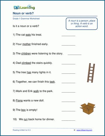 Grade 1 grammar worksheets on telling nouns and verbs apart in sentences. Students have to identify the underlined word as a noun or a verb. Free worksheets from K5 Learning. Nouns And Verbs Worksheets, Verbs Worksheet, Present Tense Verbs, Regular And Irregular Verbs, Simple Present Tense, Cursive Writing Worksheets, Nouns Worksheet, Spelling Worksheets, Nouns And Verbs