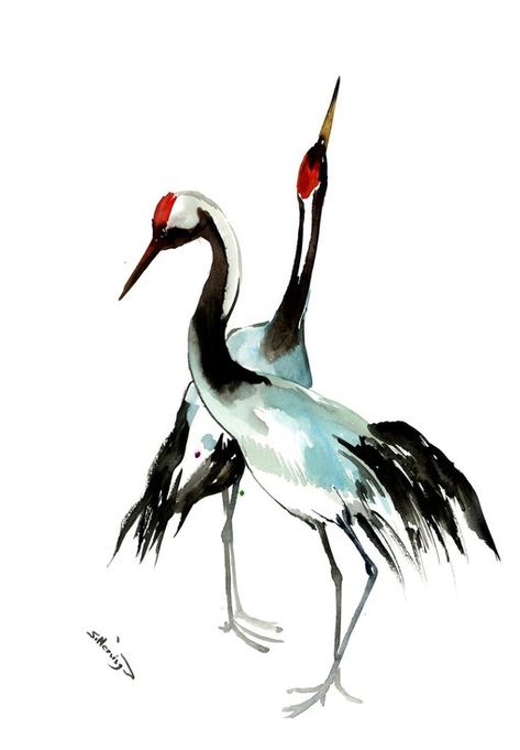 Suren Nersisyan, Japanese Cranes, Japanese Crane, Watercolor Birds, Traditional Ink, Bird Artwork, Paintings Prints, Watercolor Bird, Buy Paintings