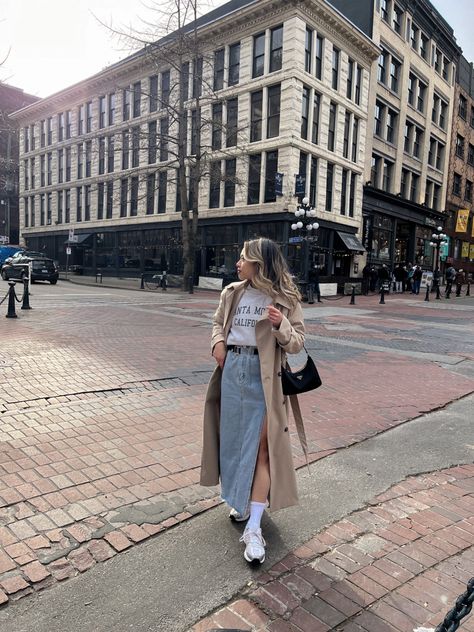 New balance 530s, beige trench coat, denim midi skirt Denim Coat Outfit, Jean Skirt Outfits Fall, Casual Trench Coat Outfit, Denim Skirt Outfit Winter, Denim Skirt Outfit Fall, Midi Skirt Outfit Winter, Denim Midi Skirt Outfit, Fall Coat Outfit, Long Denim Skirt Outfit