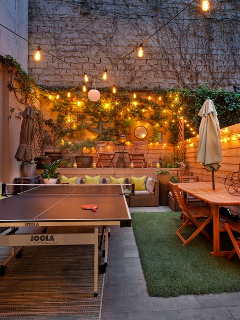 Patio Overhang Ideas, Apartment Backyard, Brooklyn Backyard, Dreamy Backyard, Family Backyard, Lights Decor, Patio Lights, Backyard Renovations, Backyard Remodel